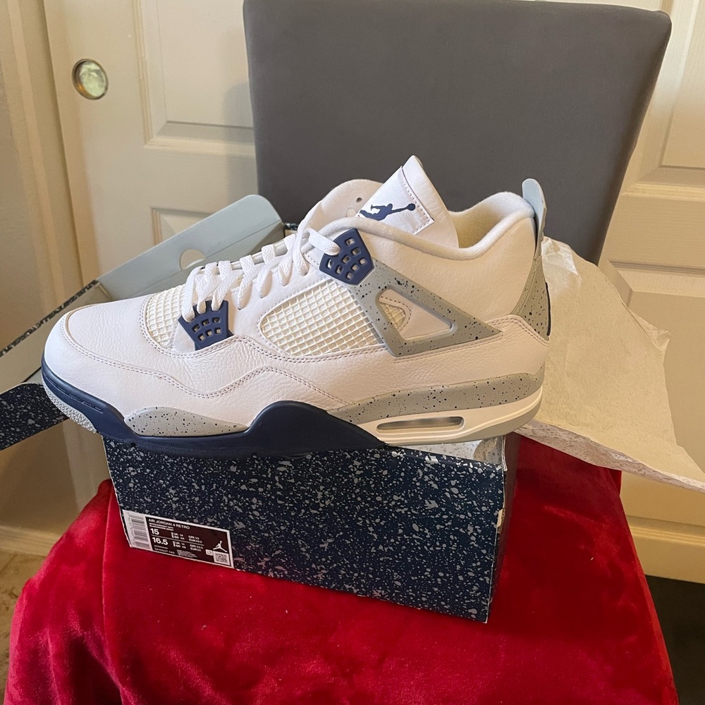 Air Jordan 4 White and Gray Sneakers with Blue Accents, Brand New
